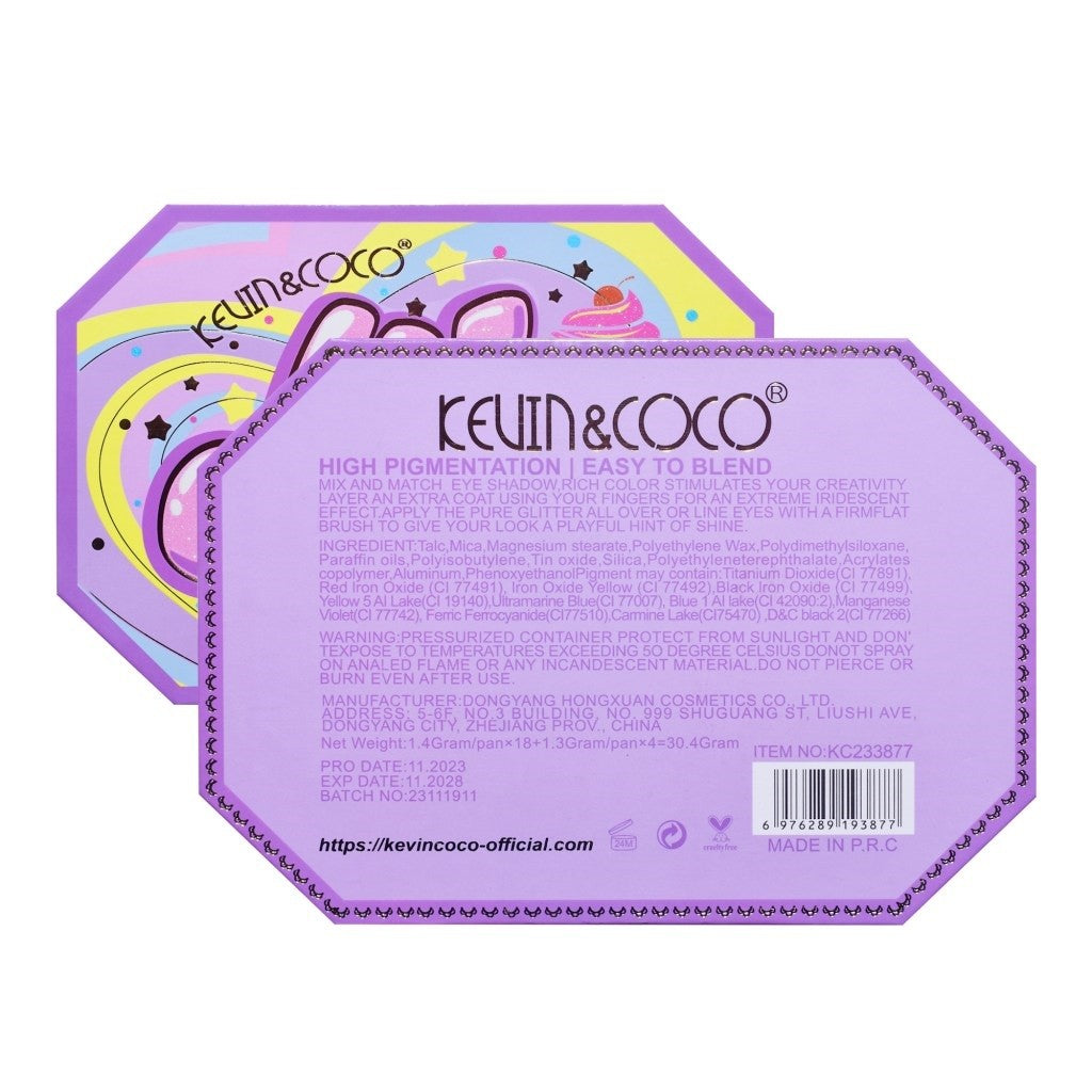 Kevin & Coco Paleta de Machiaj Violet Ice Cream, Fard de Pleoape cu 22 Culori Mate Sidefate si Glitter, Textura Catifelata, 19 x 13.7 x 1.3 cm