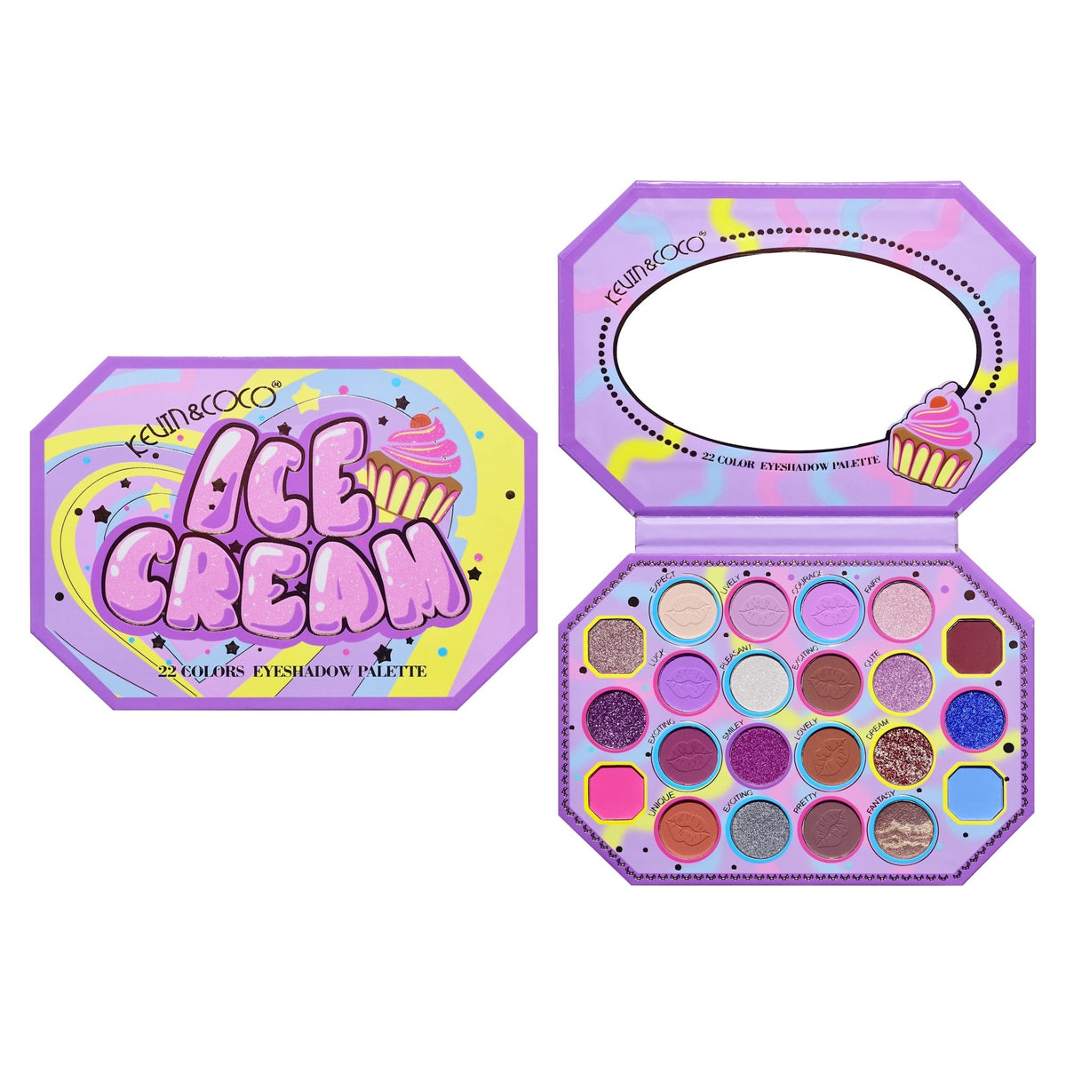 Kevin & Coco Paleta de Machiaj Violet Ice Cream, Fard de Pleoape cu 22 Culori Mate Sidefate si Glitter, Textura Catifelata, 19 x 13.7 x 1.3 cm