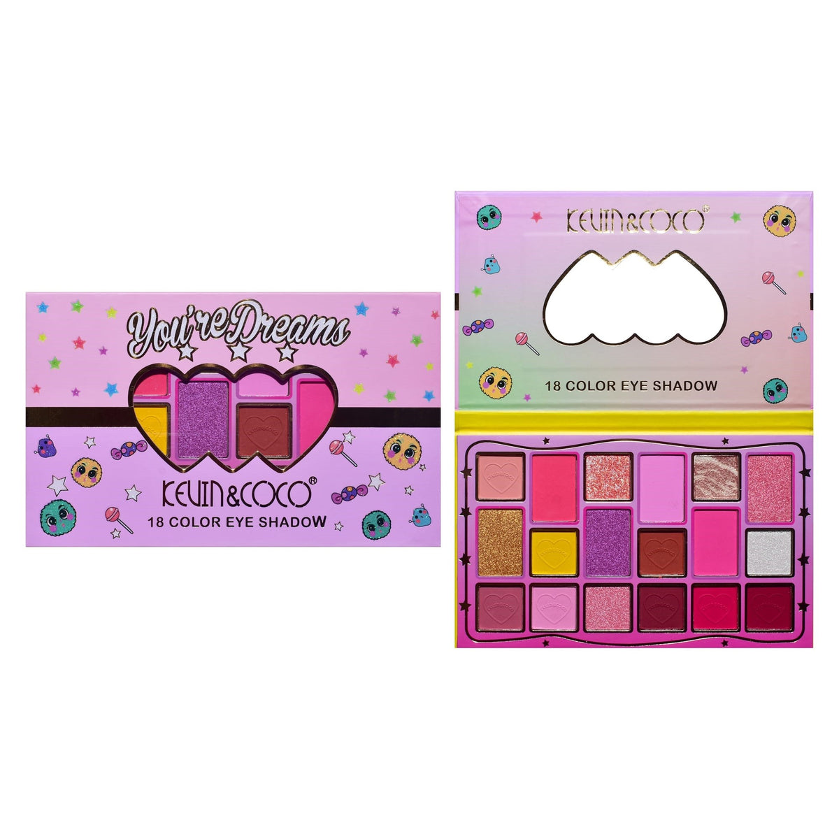 Kevin & Coco Paleta Fard De Pleoape Candy Star, 18 Culori Mate Sidefate Si Glitter, Pigmentat Cruelty-Free, Multicolor, 173 g