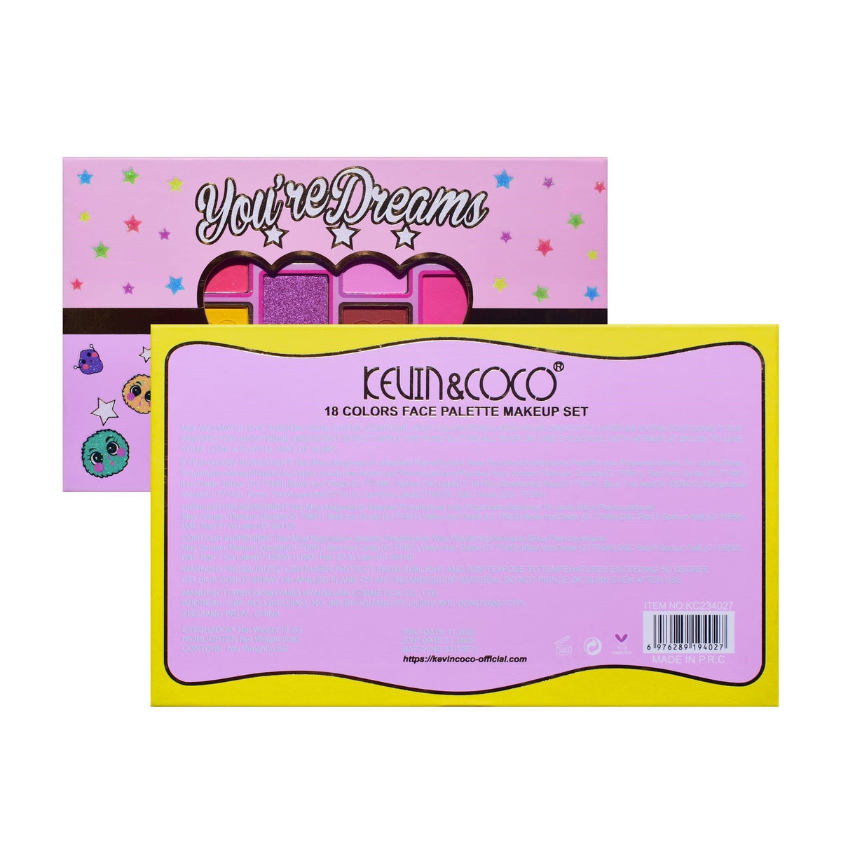 Kevin & Coco Paleta Fard De Pleoape Candy Star, 18 Culori Mate Sidefate Si Glitter, Pigmentat Cruelty-Free, Multicolor, 173 g