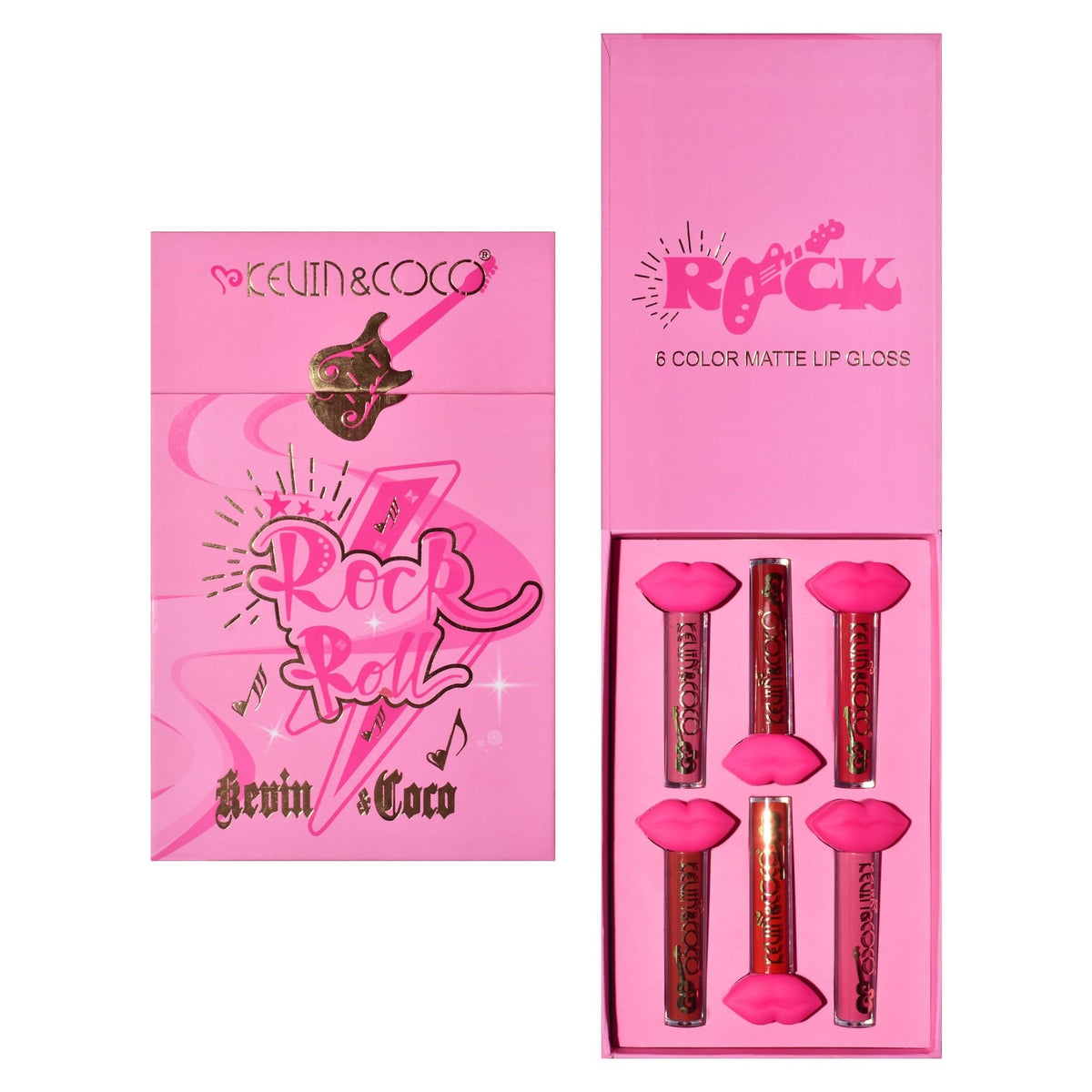 Kevin & Coco Set de Buze Punk Rock, Colectie 6 Gloss-uri de Buze cu Aspect Catifelat si Lucios, Formula Non-Toxic Cruelty Free, Cutie Cadou 19.3 x 12 cm, Roz si Maro