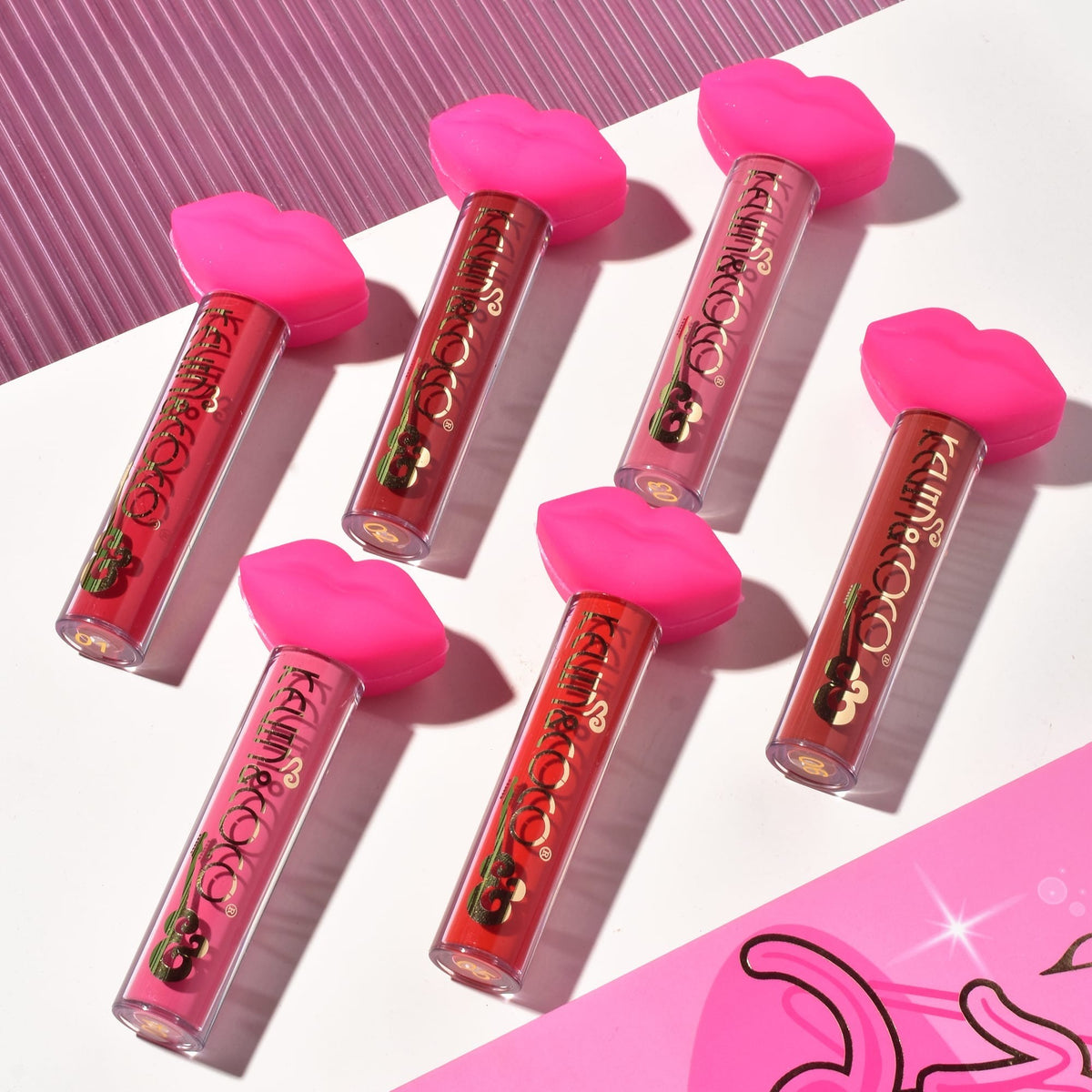 Kevin & Coco Set de Buze Punk Rock, Colectie 6 Gloss-uri de Buze cu Aspect Catifelat si Lucios, Formula Non-Toxic Cruelty Free, Cutie Cadou 19.3 x 12 cm, Roz si Maro