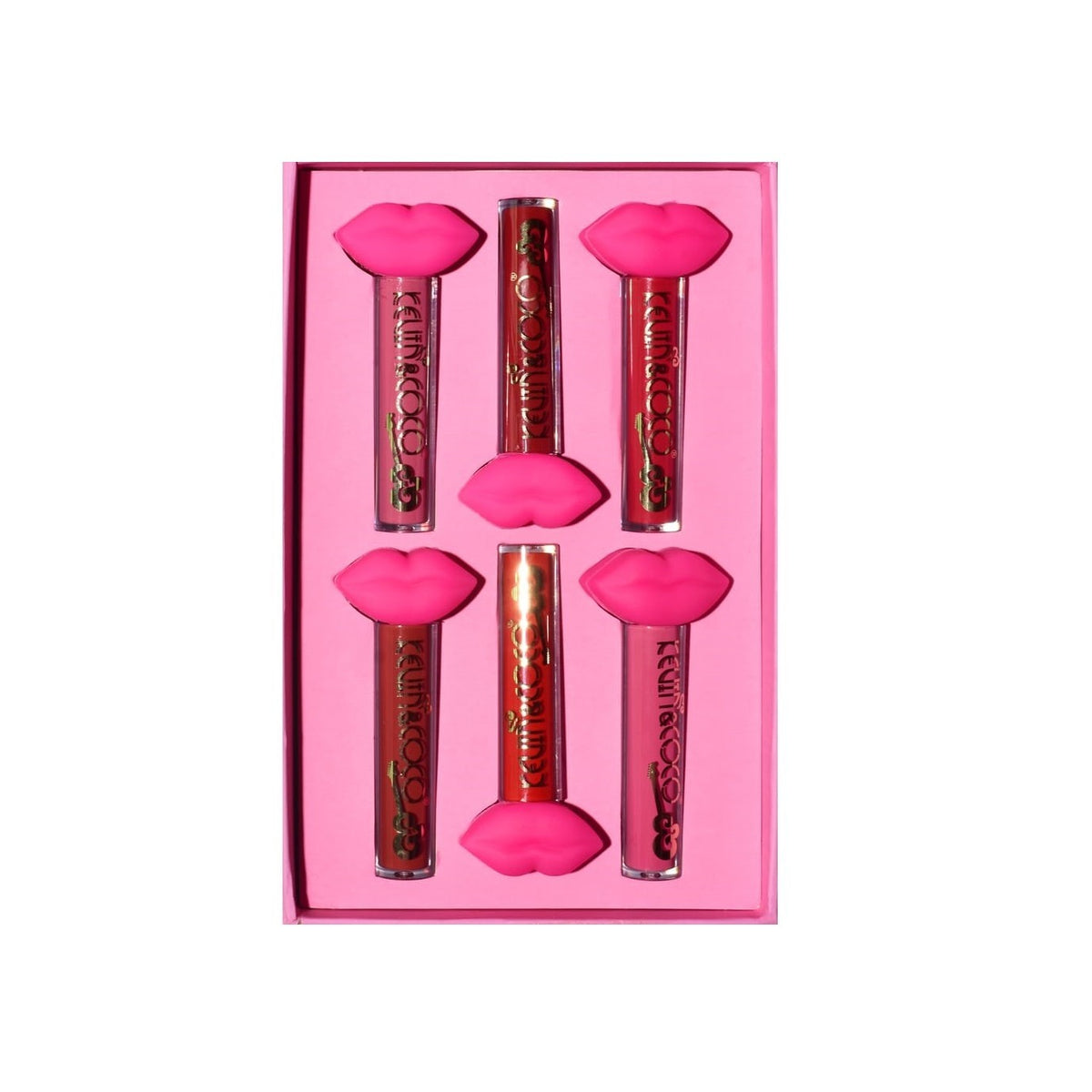 Kevin & Coco Set de Buze Punk Rock, Colectie 6 Gloss-uri de Buze cu Aspect Catifelat si Lucios, Formula Non-Toxic Cruelty Free, Cutie Cadou 19.3 x 12 cm, Roz si Maro