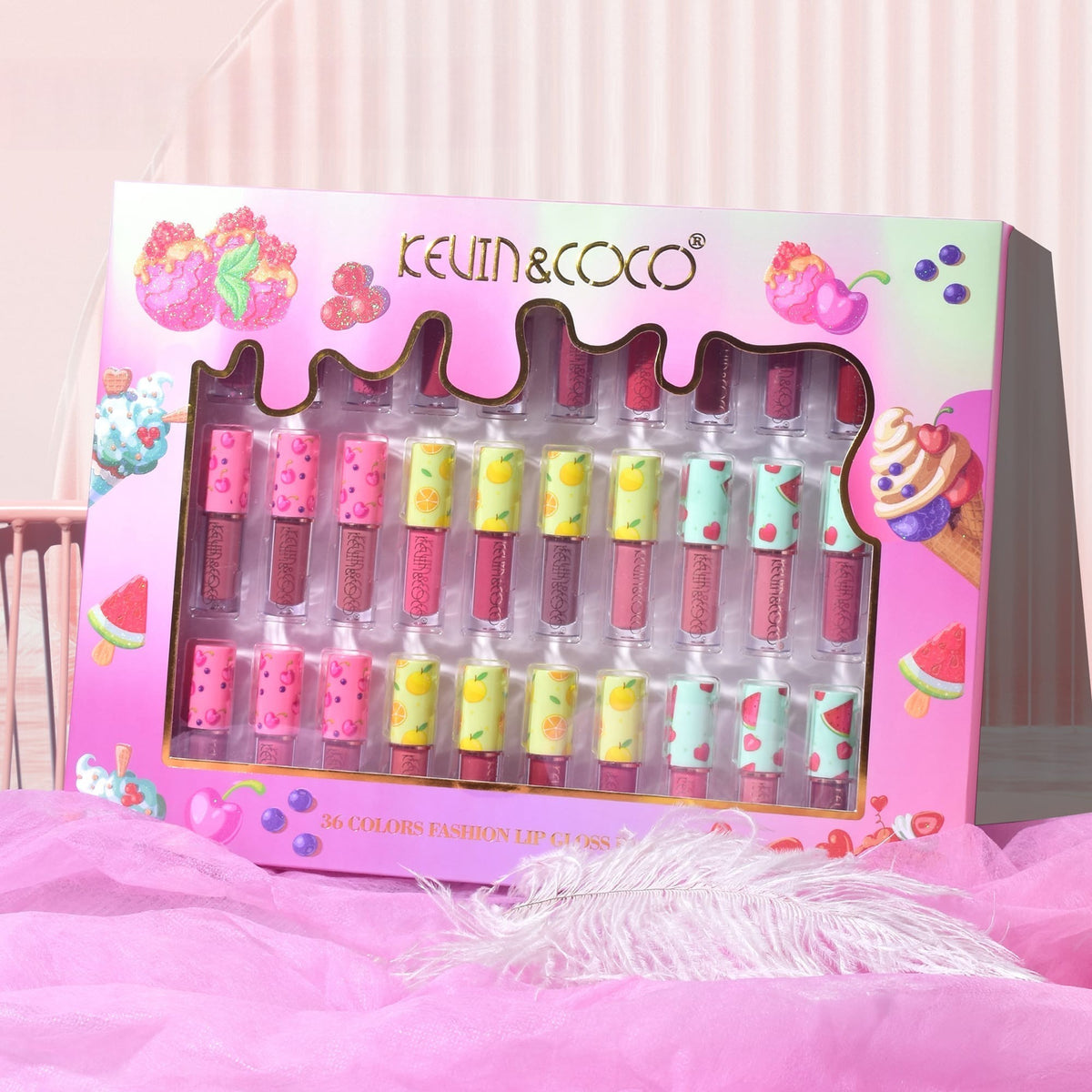 Kevin & Coco Set Luciu de Buze si Ruj Lichid, 36 Culori cu Aspect Catifelat si Lucios, Design Capace cu Fructe, Formula Non-Toxica si Cruelty-Free, 32.3 x 24.3 x 2.4 cm, Multicolor