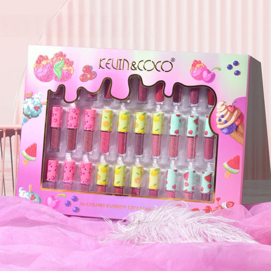 Kevin & Coco Set Luciu de Buze si Ruj Lichid, 36 Culori cu Aspect Catifelat si Lucios, Design Capace cu Fructe, Formula Non-Toxica si Cruelty-Free, 32.3 x 24.3 x 2.4 cm, Multicolor