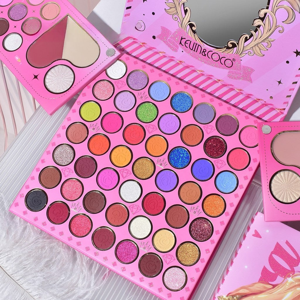 Trusa Machiaj Multifunctionala Kevin & Coco Princess Palette, Fard Pleoape, Iluminator, Corector si Ruj, Texturi Mate si Sidefate, 79 Culori, 19.7 x 20 x 2 cm
