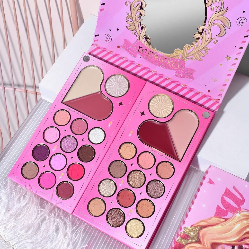 Trusa Machiaj Multifunctionala Kevin & Coco Princess Palette, Fard Pleoape, Iluminator, Corector si Ruj, Texturi Mate si Sidefate, 79 Culori, 19.7 x 20 x 2 cm