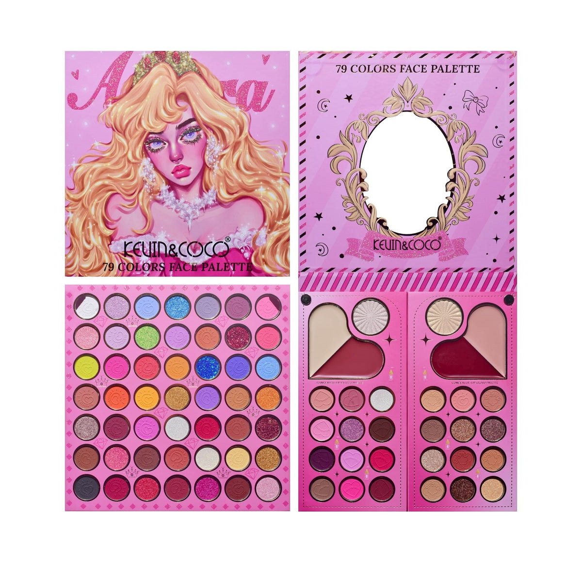Trusa Machiaj Multifunctionala Kevin & Coco Princess Palette, Fard Pleoape, Iluminator, Corector si Ruj, Texturi Mate si Sidefate, 79 Culori, 19.7 x 20 x 2 cm