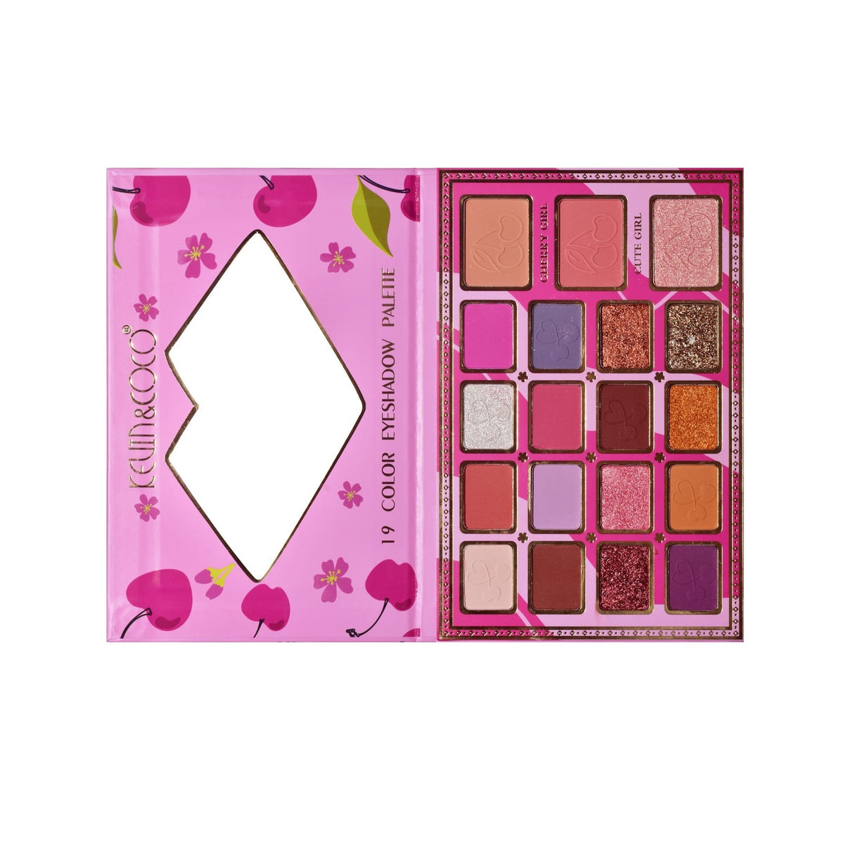 Kevin & Coco Paleta Machiaj Cherry Blossom, Set Farduri de Pleoape Mate si Sidefate, Pigmenti Glitter, 19 Culori, 19.2 x 12.8 x 1.4 cm