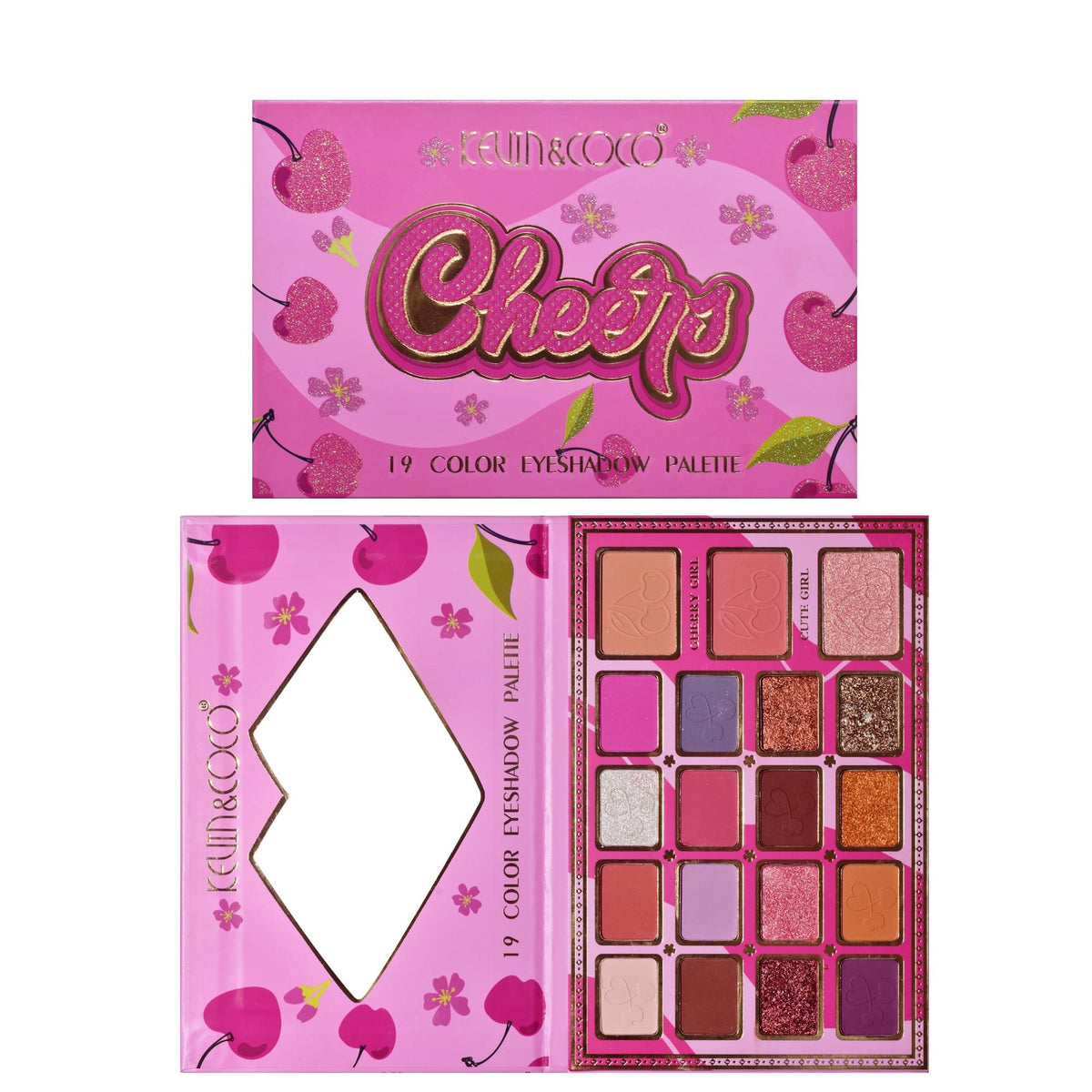Kevin & Coco Paleta Machiaj Cherry Blossom, Set Farduri de Pleoape Mate si Sidefate, Pigmenti Glitter, 19 Culori, 19.2 x 12.8 x 1.4 cm
