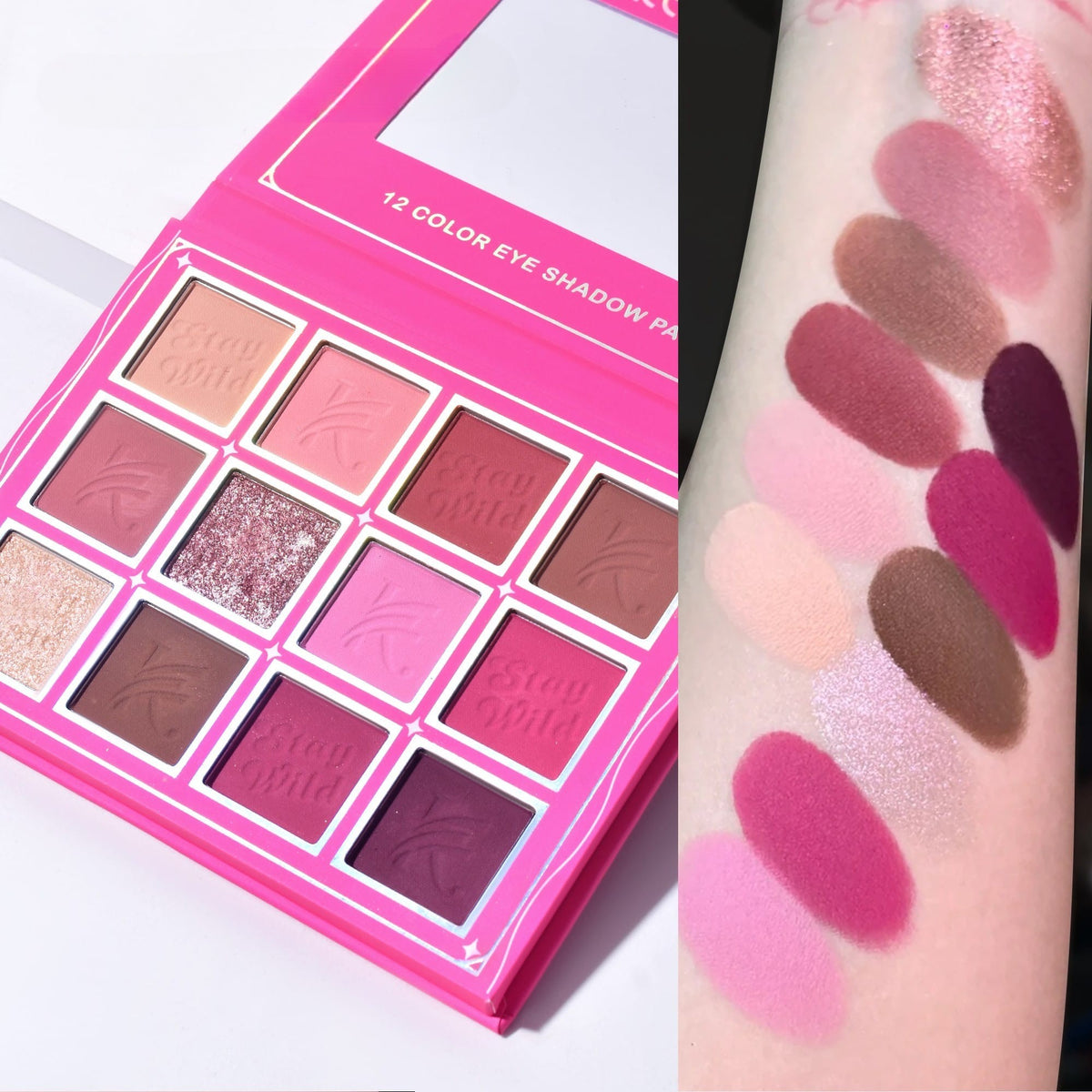 Kevin & Coco Paleta Machiaj Stay Wild, Fard de Pleoape Intens Pigmentat, Texturi Mate Sidefate si Glitter, 12 Culori, 13.2 g