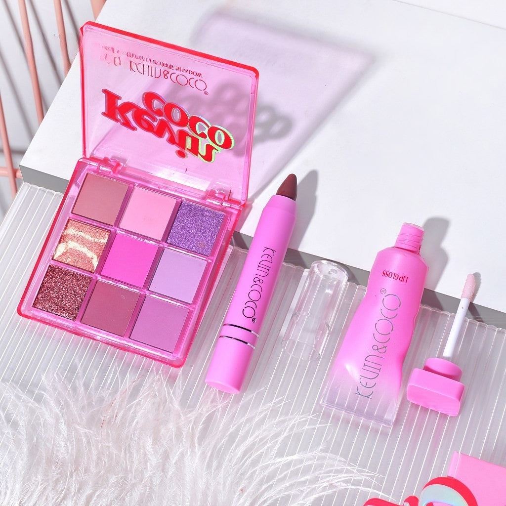 Kevin & Coco Set Machiaj Pink Ice Star, Paleta 9 Farduri de Ochi Mate si Sidefate, Ruj Lichid Gloss si Ruj Tip Creion, Cutie Cadou, Multicolor, 3 Piese