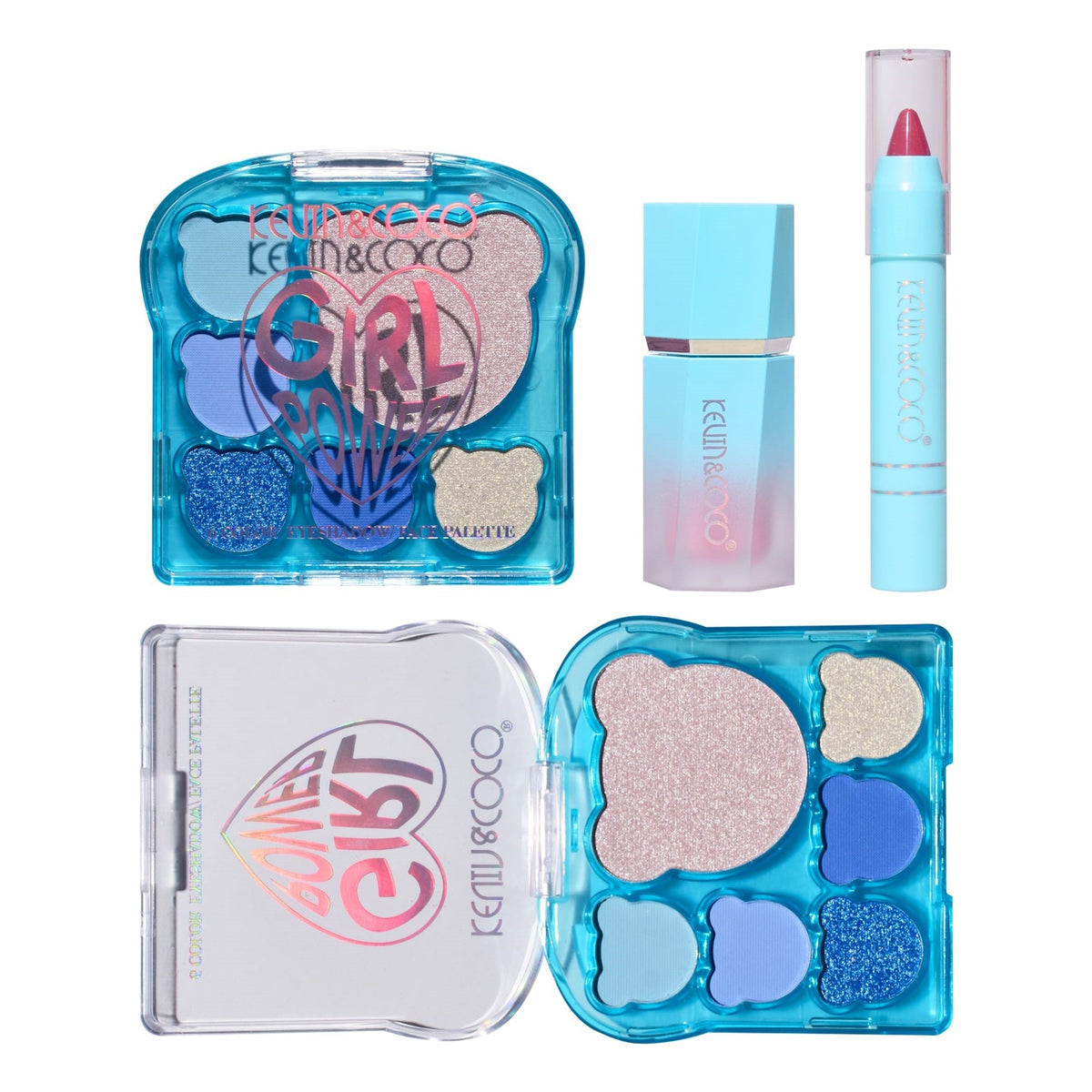 Kevin & Coco Set Machiaj Ice Blue Bear, Paletă 5 Farduri de Ochi, Iluminator, Blush Lichid și Ruj Creion, 6 Culori Mate și Sidefate, 15.5 x 13 x 3.4 cm