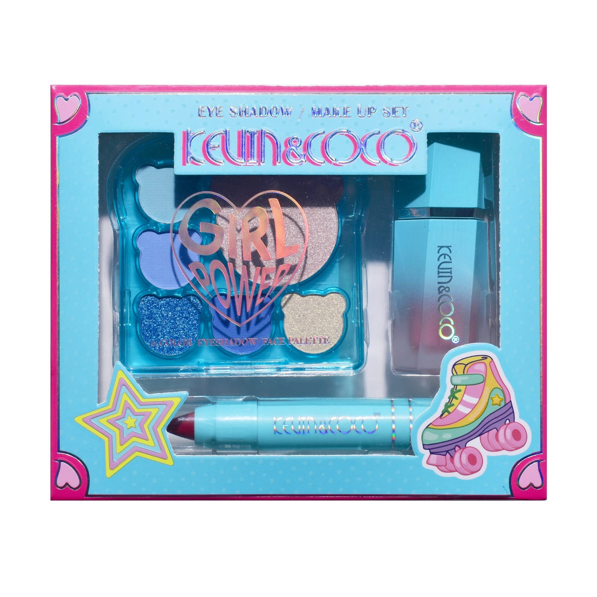 Kevin & Coco Set Machiaj Ice Blue Bear, Paletă 5 Farduri de Ochi, Iluminator, Blush Lichid și Ruj Creion, 6 Culori Mate și Sidefate, 15.5 x 13 x 3.4 cm