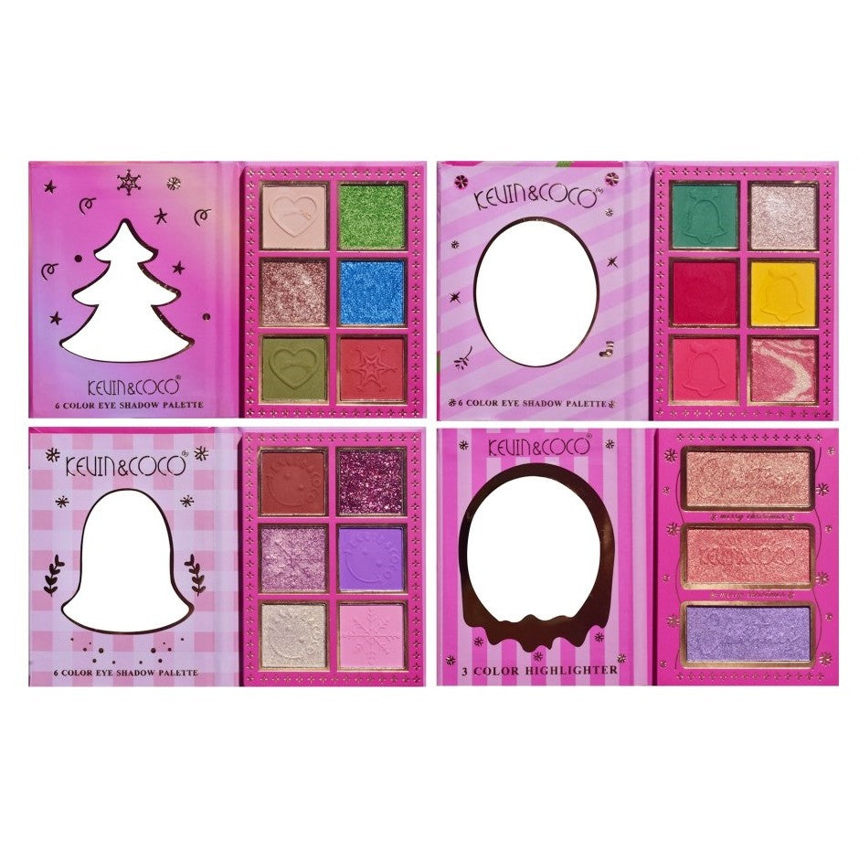 Kevin & Coco Set 4 Palete de Machiaj Christmas Jingle, 18 Farduri de Pleoape si 3 Iluminatoare, Pigmentate Mate si Sidefate, 21 Culori, 27.3 x 20.8 x 2.4 cm