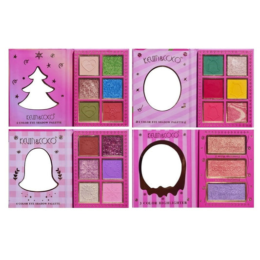Kevin & Coco Set 4 Palete de Machiaj Christmas Jingle, 18 Farduri de Pleoape si 3 Iluminatoare, Pigmentate Mate si Sidefate, 21 Culori, 27.3 x 20.8 x 2.4 cm