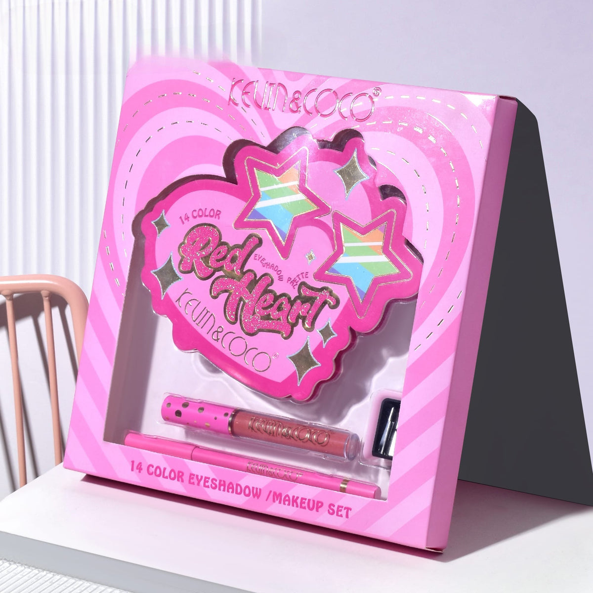 Kevin&Coco Set Machiaj Red Heart, Paleta 14 Culori cu 12 Farduri Pleoape si 2 Iluminatoare, Include Ruj Lichid, Creion de Buze si Ascutitoare, Nuante Mate si Glitter, 21 x 20.5 x 2.2 cm
