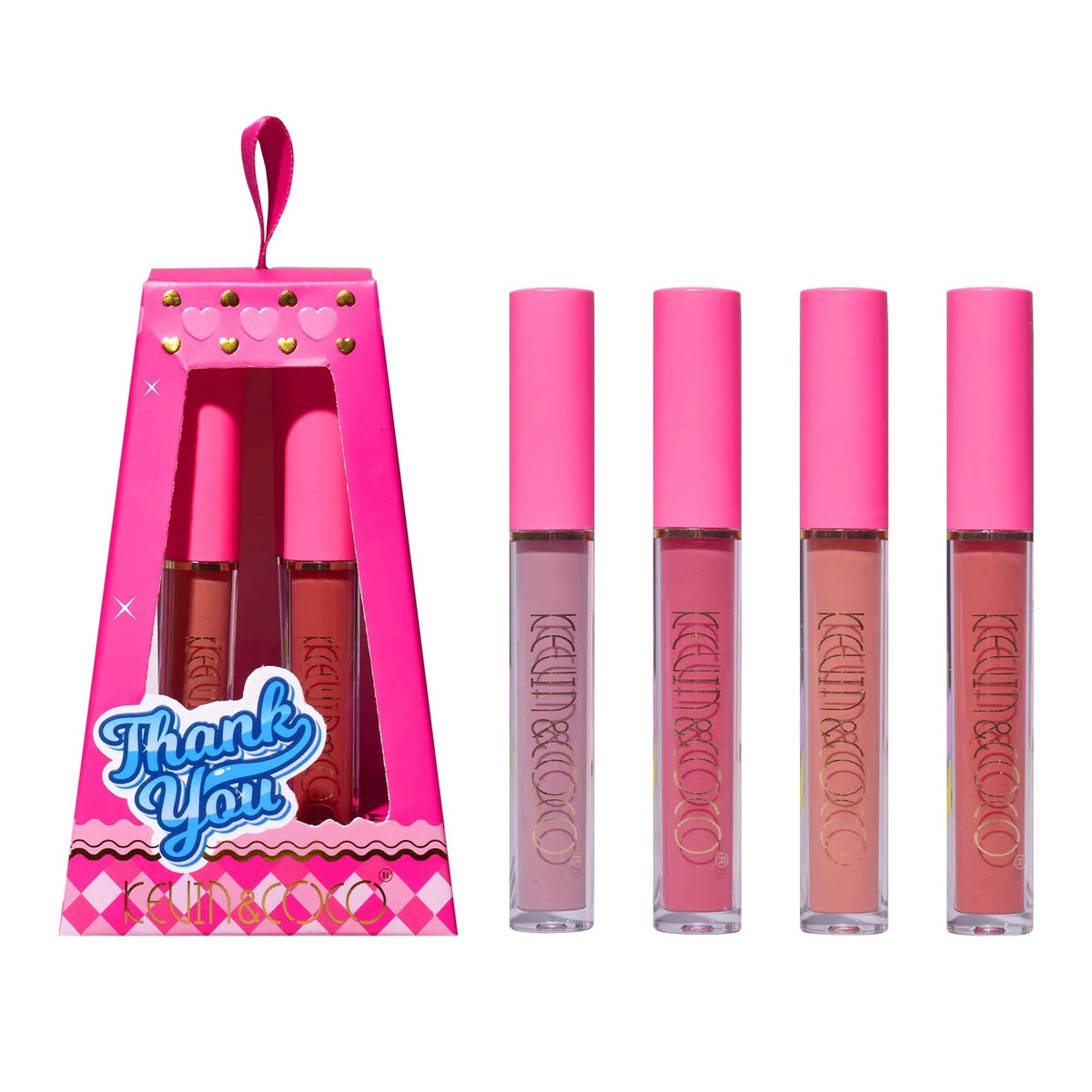 Kevin & Coco Set de Buze Cloud Bubble, 4 Gloss-uri de Buze cu Aspect Catifelat si Lucios, Textura Hidratanta, Cruelty-Free, Nuante Roz si Nude, 4 x 1.7 ml