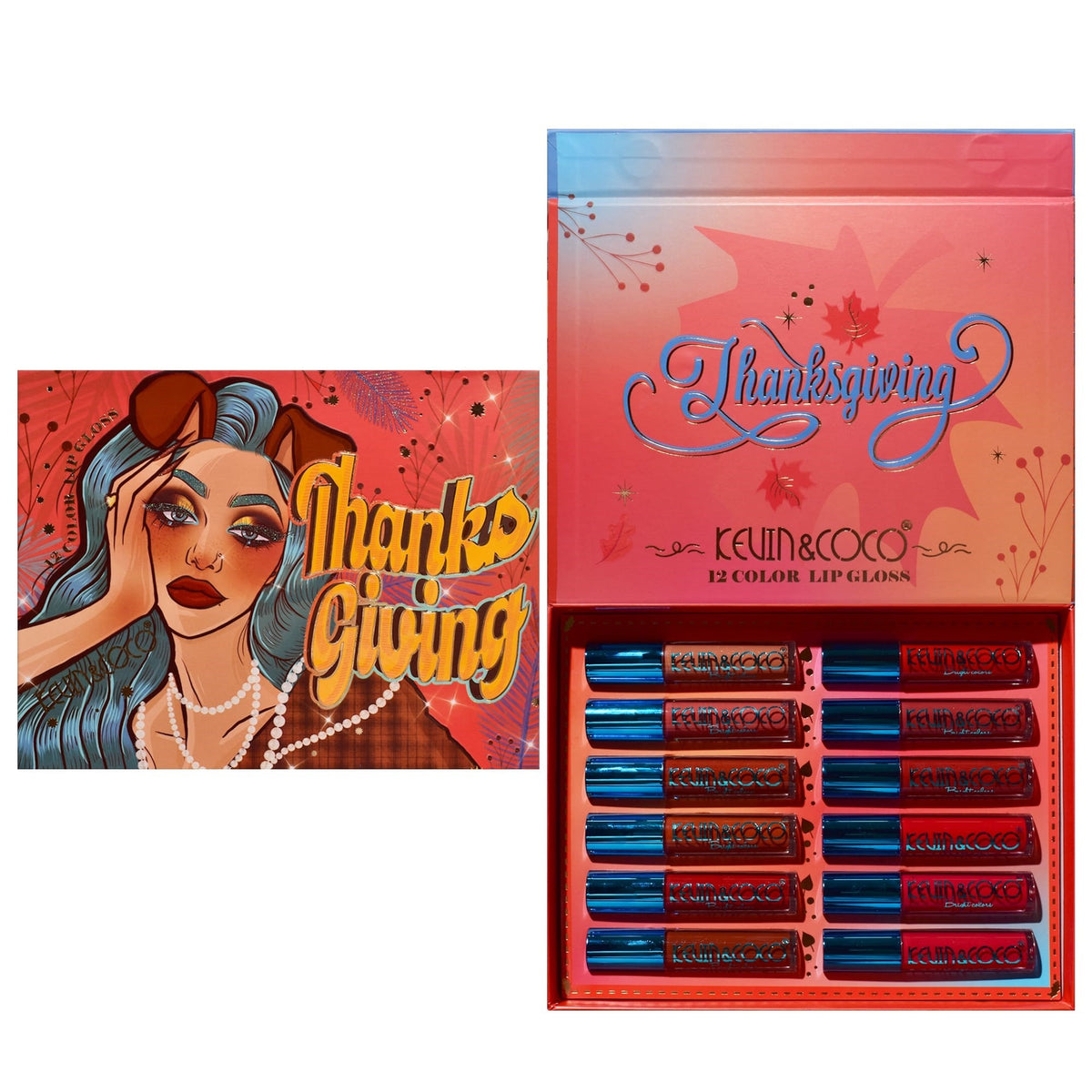 Kevin & Coco Set de Buze Caramel Pie, Colectie 12 Gloss-uri si Rujuri Lichide Mate si Lucioase, Formula Cruelty-Free si Non-Toxica, Cutie Cadou, Multicolor, 24 x 18.5 x 3.4 cm