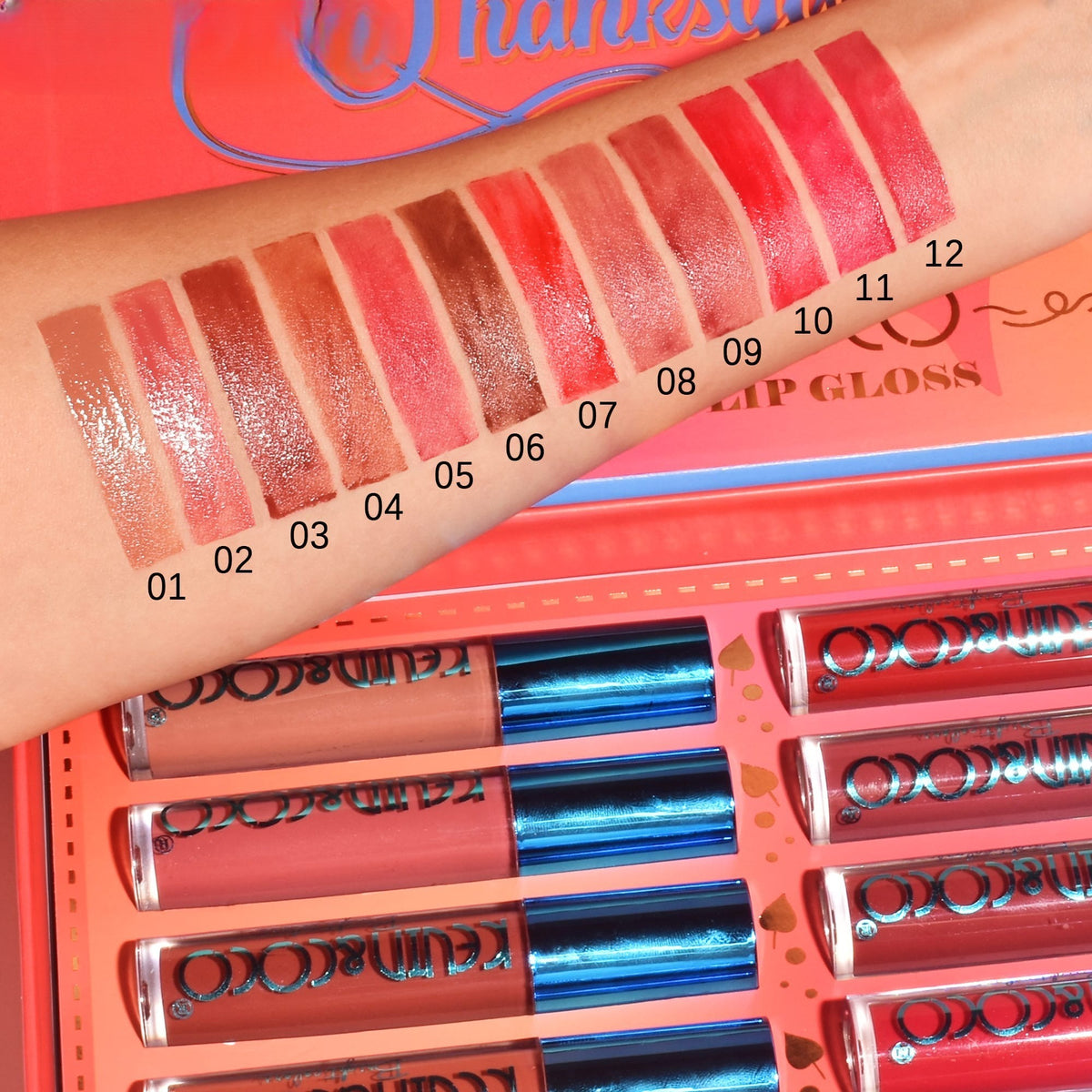 Kevin & Coco Set de Buze Caramel Pie, Colectie 12 Gloss-uri si Rujuri Lichide Mate si Lucioase, Formula Cruelty-Free si Non-Toxica, Cutie Cadou, Multicolor, 24 x 18.5 x 3.4 cm