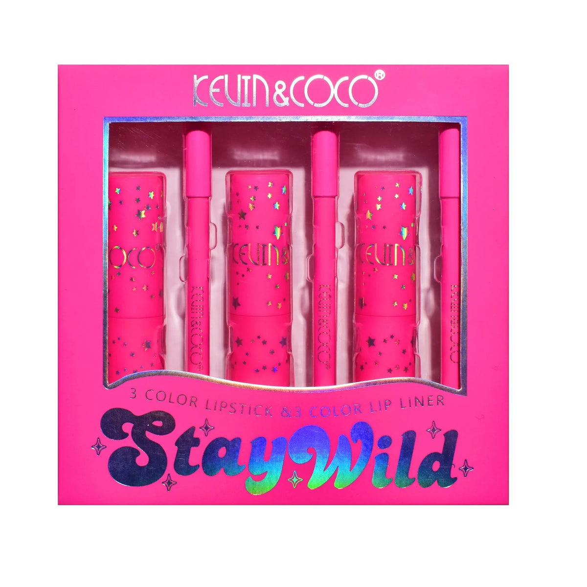 Kevin & Coco Set Buze Stay Wild, 3 Rujuri Hidratante si 3 Creioane Contur, Finisaj Catifelat, Formula Cruelty-Free, Nuante Calde, 6 Piese
