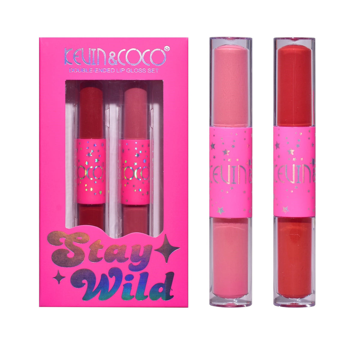 Kevin & Coco Set Buze Stay Wild, 2 Rujuri Mate si 2 Gloss-uri Lichide, Rezistent la Transfer, Pigmentare Intensa, Formula Non-Toxica Cruelty-Free, 15.1 x 8.1 x 2 cm, Roz si Rosu, 4 Culori