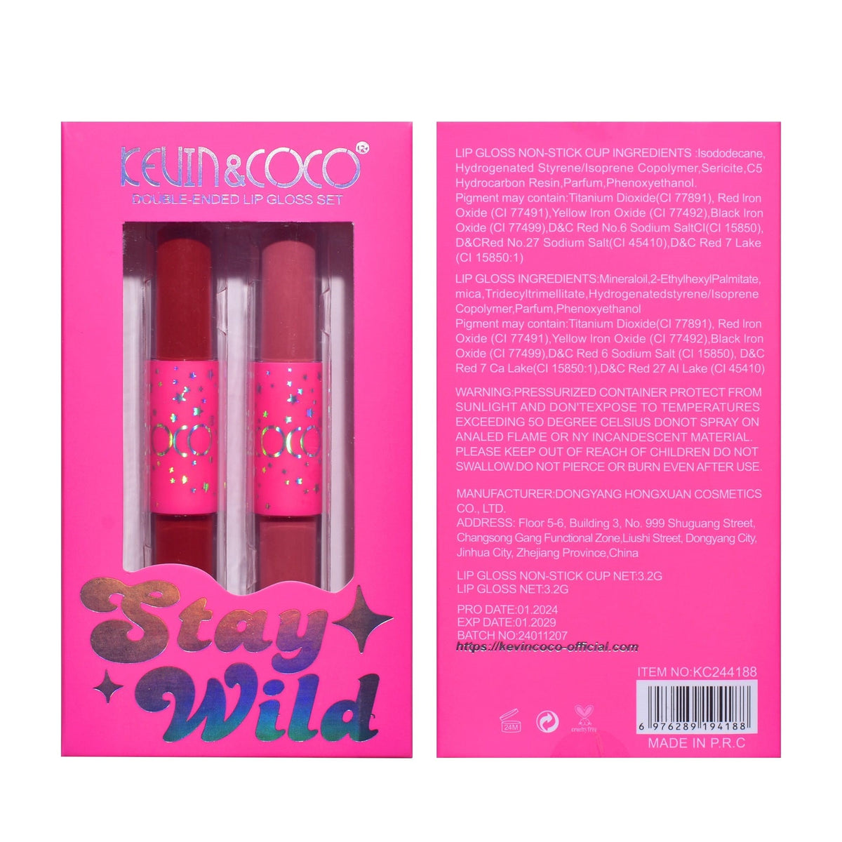 Kevin & Coco Set Buze Stay Wild, 2 Rujuri Mate si 2 Gloss-uri Lichide, Rezistent la Transfer, Pigmentare Intensa, Formula Non-Toxica Cruelty-Free, 15.1 x 8.1 x 2 cm, Roz si Rosu, 4 Culori