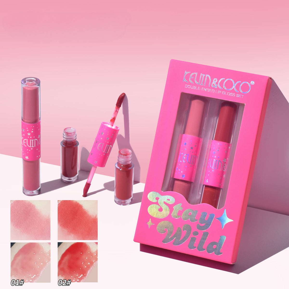 Kevin & Coco Set Buze Stay Wild, 2 Rujuri Mate si 2 Gloss-uri Lichide, Rezistent la Transfer, Pigmentare Intensa, Formula Non-Toxica Cruelty-Free, 15.1 x 8.1 x 2 cm, Roz si Rosu, 4 Culori