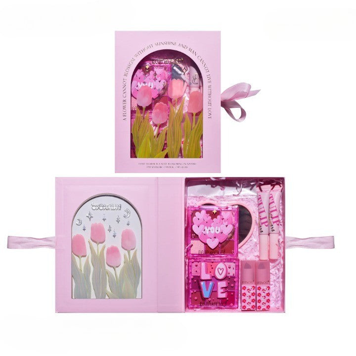 Kevin & Coco Set Machiaj Complet 22 Culori, Kit Cosmetice cu Paleta Farduri Nude si Roz, 2 Rujuri, 2 Gloss-uri, Oglinda Inimioara, Design Lalele, 15.7 x 21 x 4 cm, Multicolor