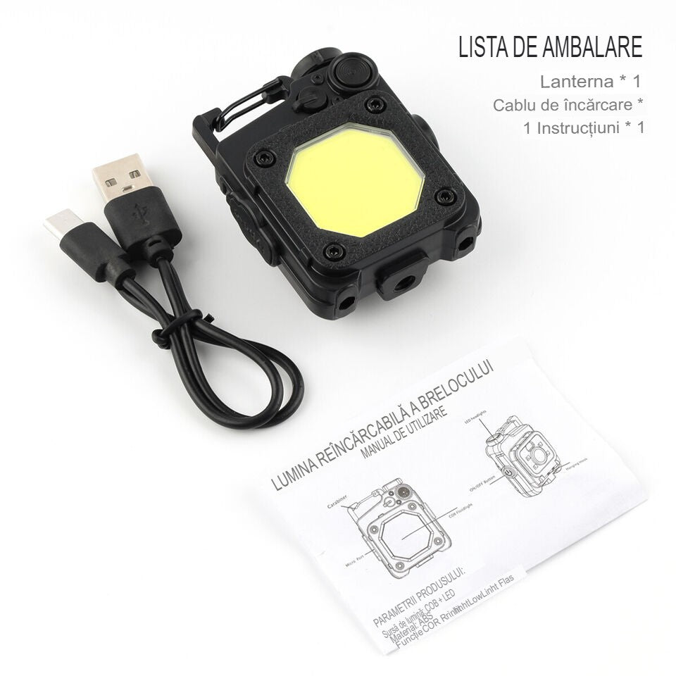 Elvis Lanterna Mini de Buzunar Tip Breloc, Tehnologie COB LED, Magnet si Incarcare USB-C, ABS si Aliaj Aluminiu, 6.1 x 5 x 2.5 cm, Negru