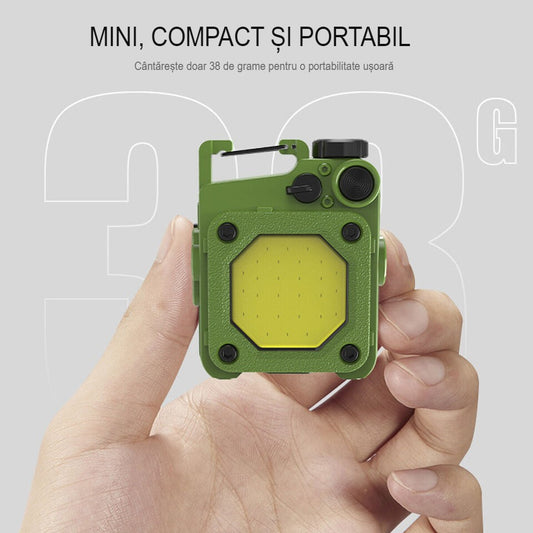 Elvis Lanterna Mini de Buzunar Tip Breloc, Tehnologie COB LED, Magnet si Suport Rotativ, Incarcare USB Type-C, Material ABS, 6.1 x 5 x 2.5 cm, Verde