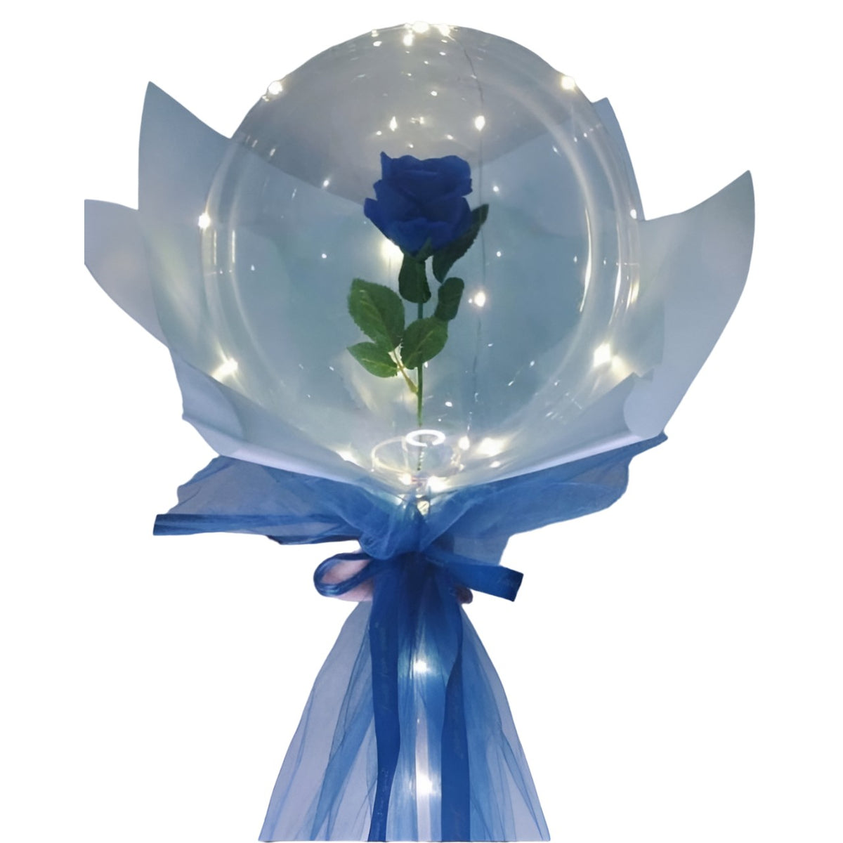 Trandafir Albastru In Balon Transparent Cu Lumini LED, Buchet Cadou Decorativ, Banda 3 m, Diametru 35 cm