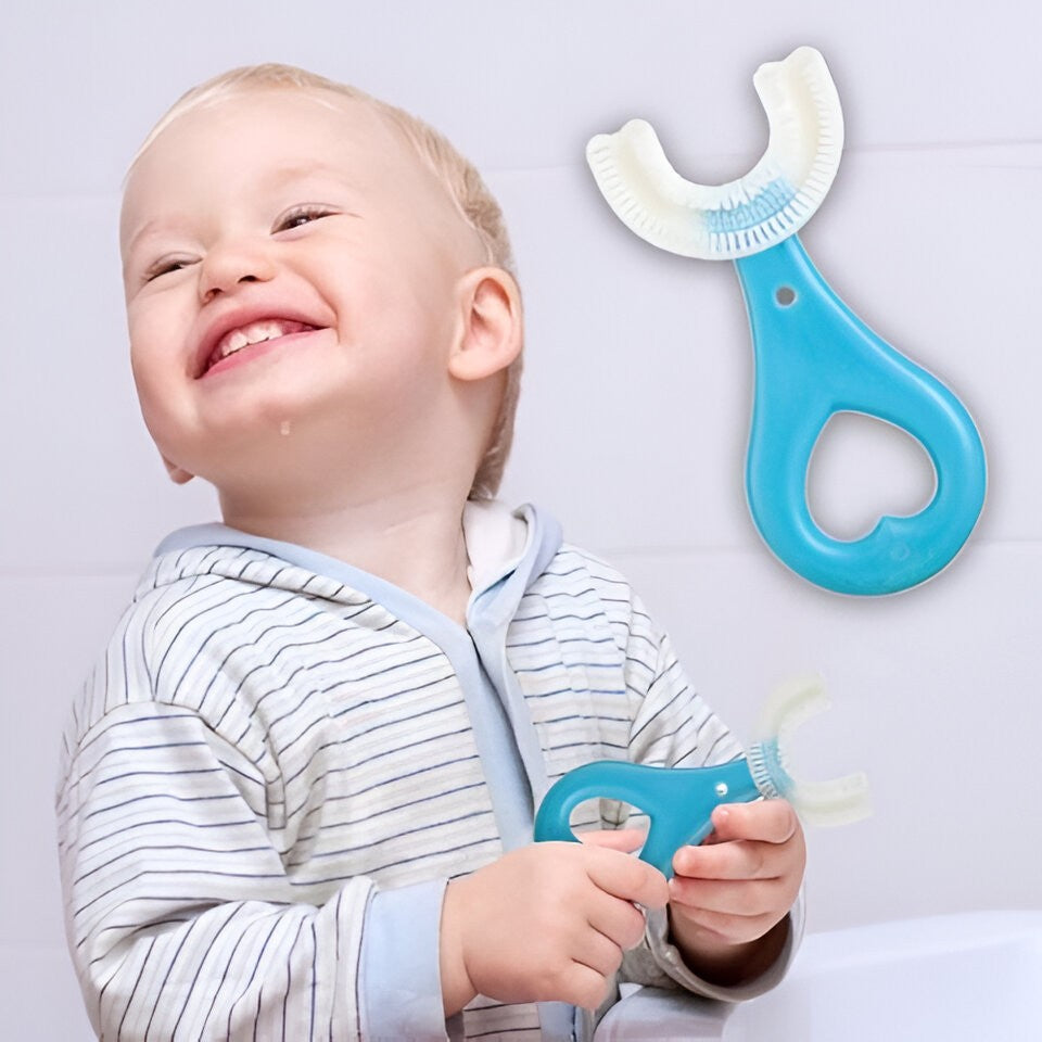 Periuta de Dinti in Forma de U pentru Sugari si Copii 2-6 Ani, Cap Ergonomic din Silicon Moale, Curatare Completa si Masaj Gingival, Model Inima, Albastru, 9 cm