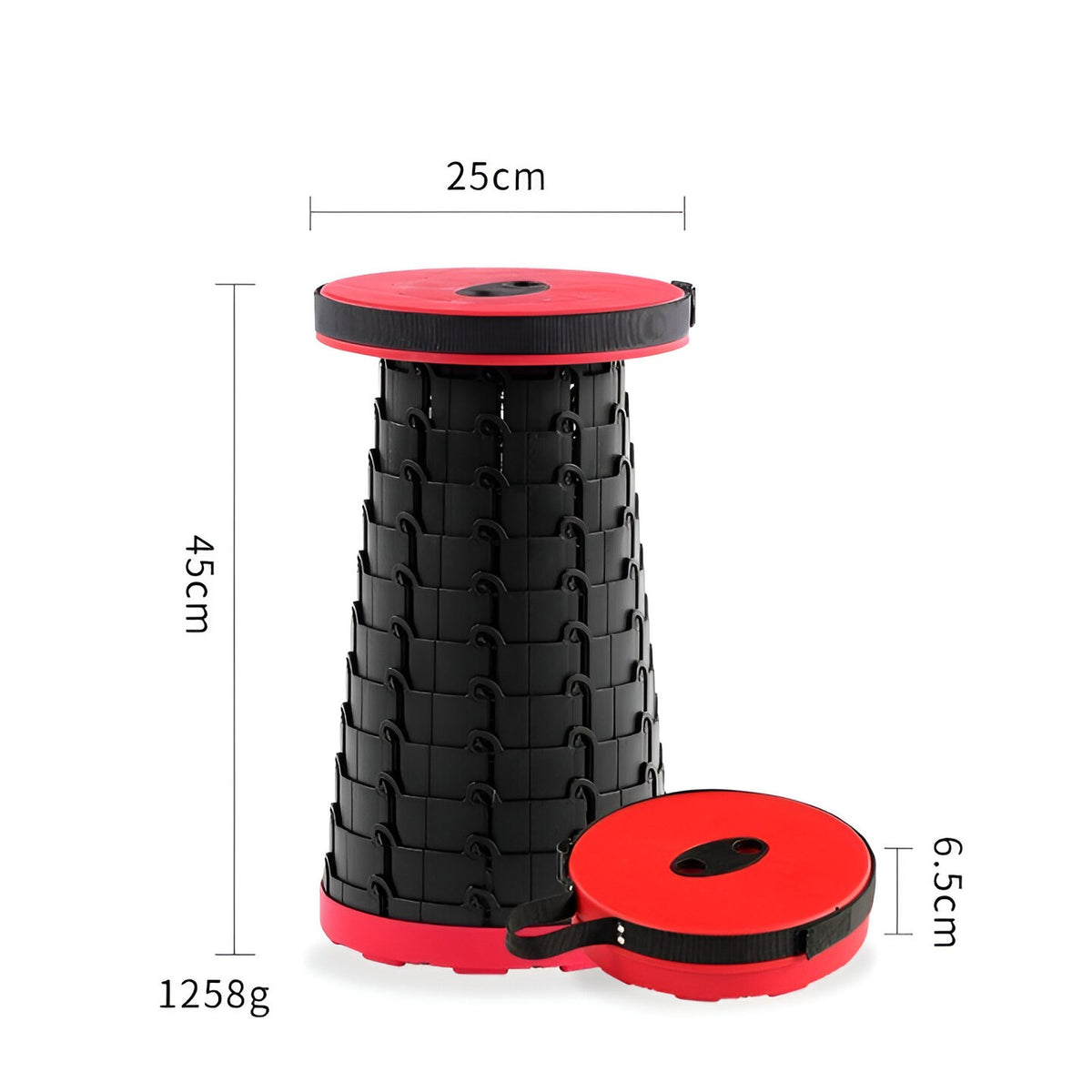 Scaun Telescopic Pliabil pentru Camping si Pescuit, Taburet Extensibil Portabil, Inaltime Reglabila 6-45 cm, Sarcina Maxima 150 kg, ABS si Nailon, Diametru 25 cm, Rosu-Negru