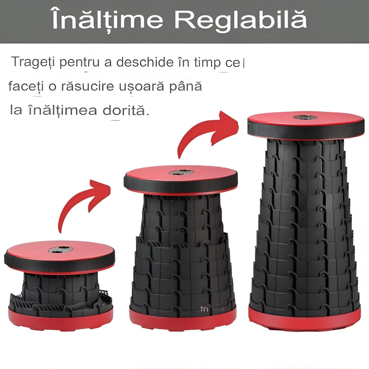 Scaun Telescopic Pliabil pentru Camping si Pescuit, Taburet Extensibil Portabil, Inaltime Reglabila 6-45 cm, Sarcina Maxima 150 kg, ABS si Nailon, Diametru 25 cm, Rosu-Negru