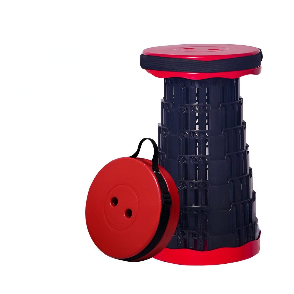 Scaun Telescopic Pliabil pentru Camping si Pescuit, Taburet Extensibil Portabil, Inaltime Reglabila 6-45 cm, Sarcina Maxima 150 kg, ABS si Nailon, Diametru 25 cm, Rosu-Negru