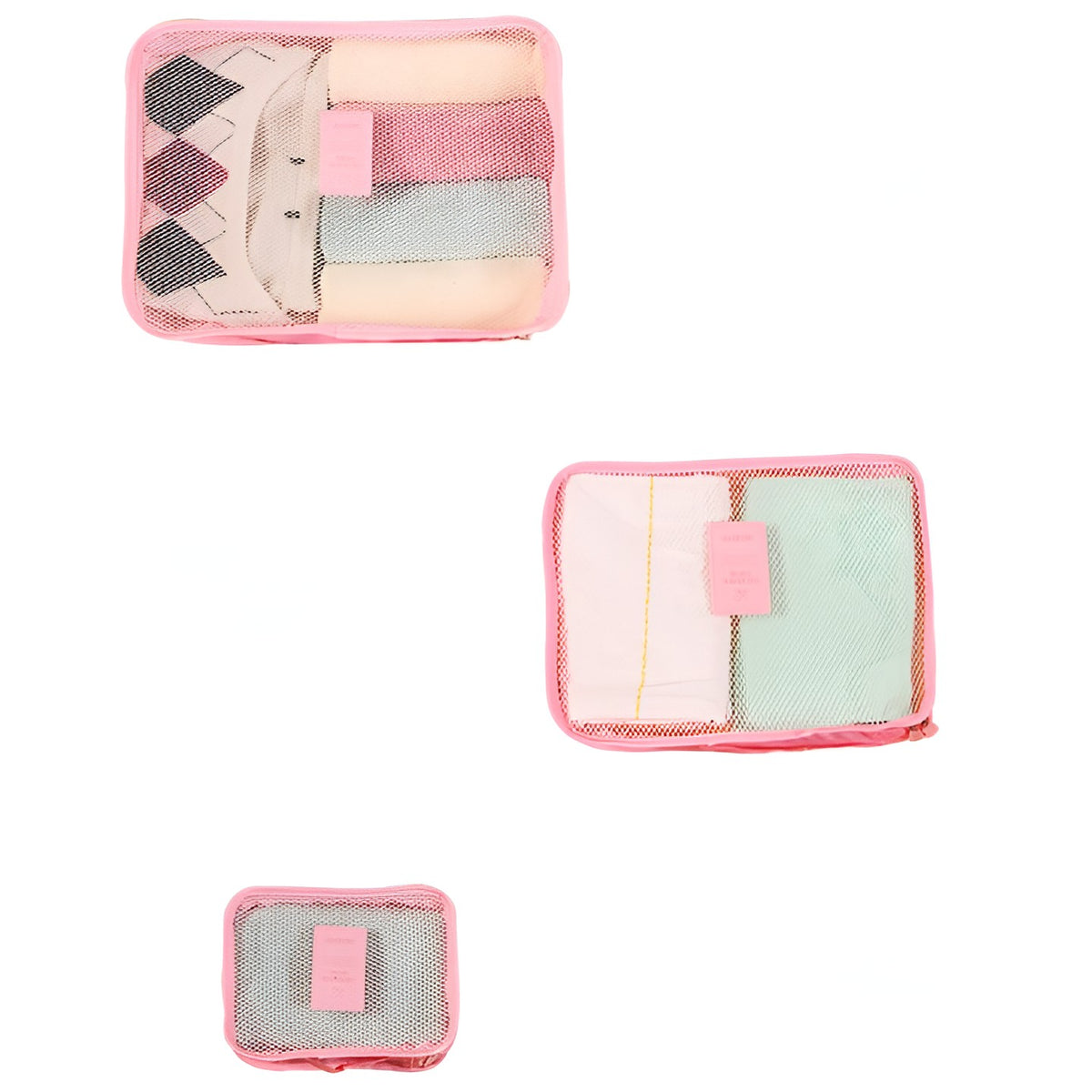 Set Organizatoare Bagaj Pentru Călătorie, Genți Depozitare Impermeabile cu Plasă și Fermoar, Material Nailon Pliabil, Set 6 Piese, Roz