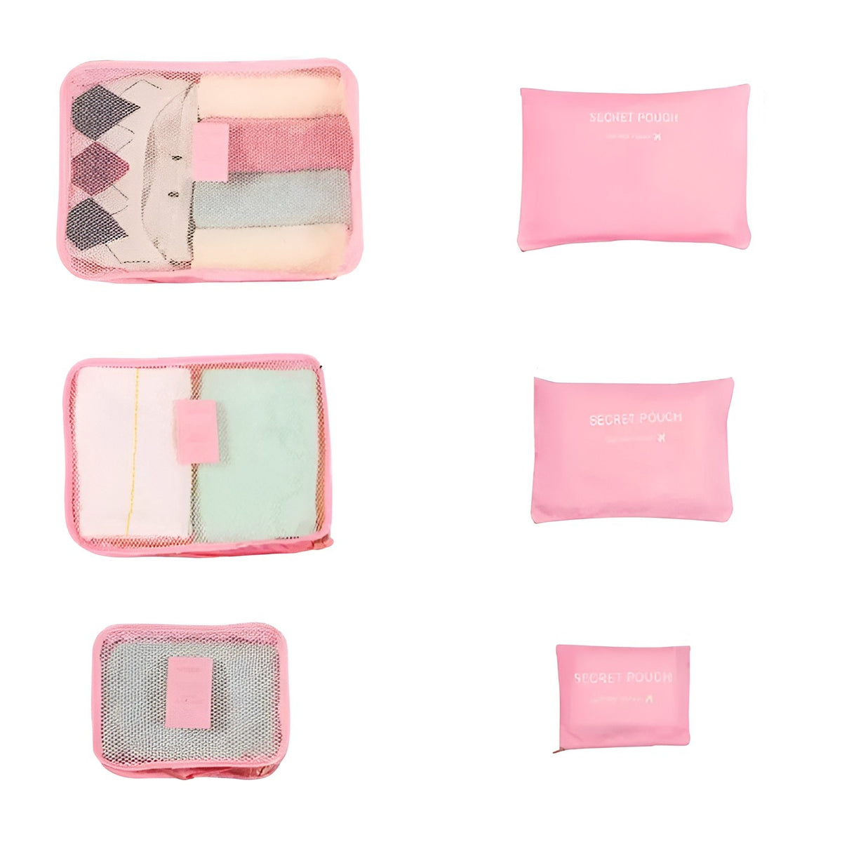 Set Organizatoare Bagaj Pentru Călătorie, Genți Depozitare Impermeabile cu Plasă și Fermoar, Material Nailon Pliabil, Set 6 Piese, Roz