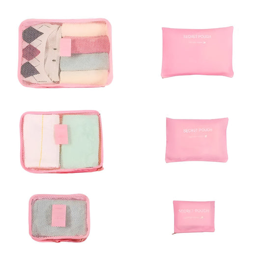 Set Organizatoare Bagaj Pentru Călătorie, Genți Depozitare Impermeabile cu Plasă și Fermoar, Material Nailon Pliabil, Set 6 Piese, Roz