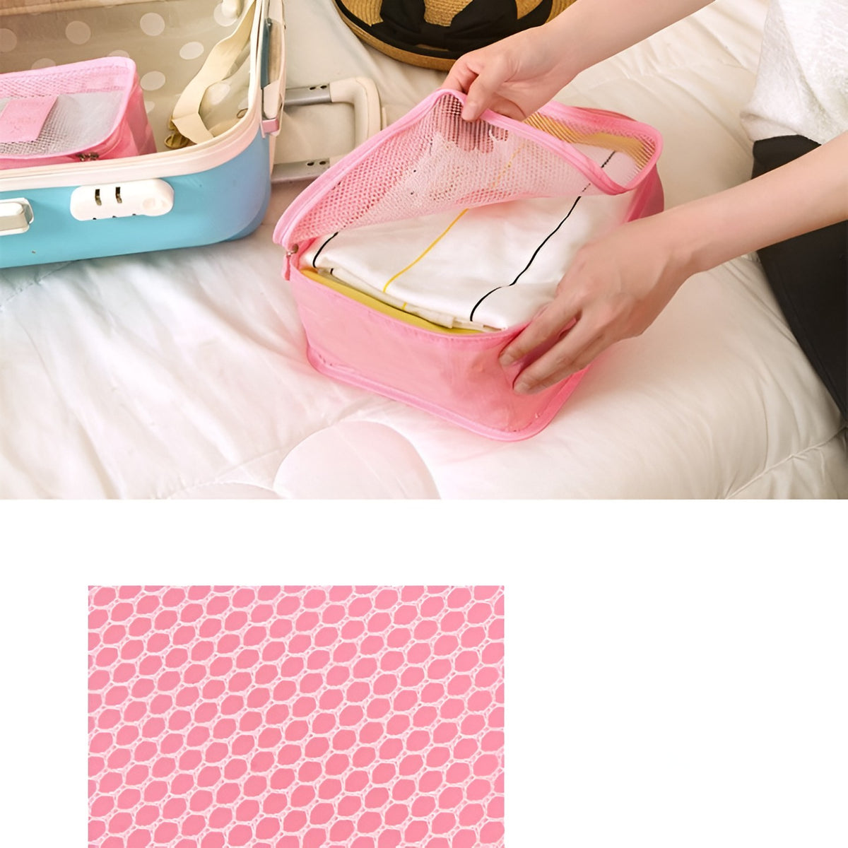 Set Organizatoare Bagaj Pentru Călătorie, Genți Depozitare Impermeabile cu Plasă și Fermoar, Material Nailon Pliabil, Set 6 Piese, Roz