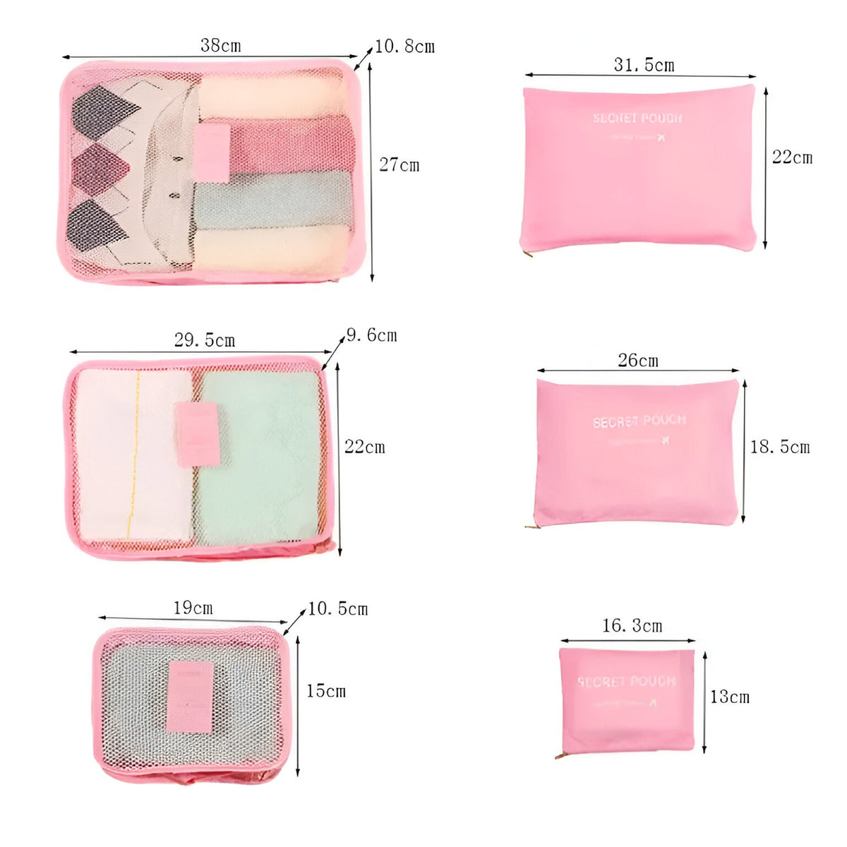 Set Organizatoare Bagaj Pentru Călătorie, Genți Depozitare Impermeabile cu Plasă și Fermoar, Material Nailon Pliabil, Set 6 Piese, Roz