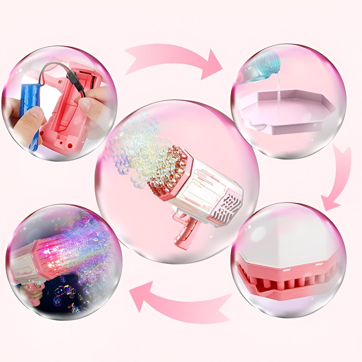 Pistol Pentru Baloane De Săpun, 69 Găuri Cu Lumini Colorate, Set Cu Lichid Și Baterie Li, Plastic, 24x14x24 cm, Roz
