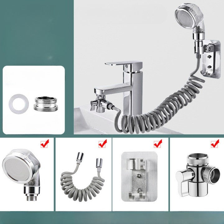 Set Extensie Dus Pentru Robinet Baie Si Bucatarie, Filtru Ioni Negativi Si Furtun Flexibil, ABS Si Crom, 4 Piese, 1.5 Metri, Argintiu