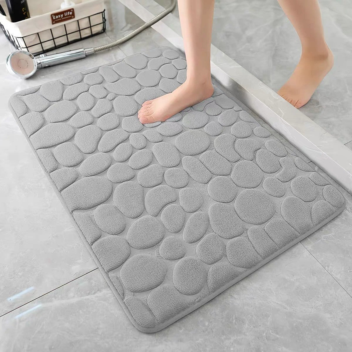 Covoraș pentru Baie Antiderapant, Spumă cu Memorie și Absorbție Rapidă, Model 3D Piatra, Poliester și PVC, 40x60 cm, Gri/Bej