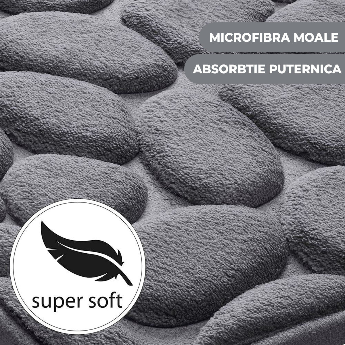 Covoraș pentru Baie Antiderapant, Spumă cu Memorie și Absorbție Rapidă, Model 3D Piatra, Poliester și PVC, 40x60 cm, Gri/Bej