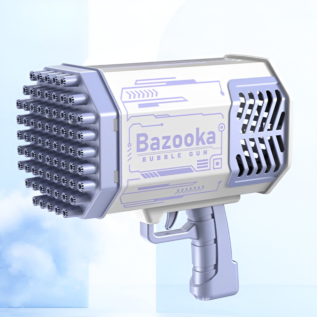 Pistol Pentru Baloane De Săpun, Automat Cu 69 Găuri Și Lumini Colorate, Plastic, Mov, Set Cu Baterie Li, Lichid Și Cablu De Încărcare, 24x14x24 cm