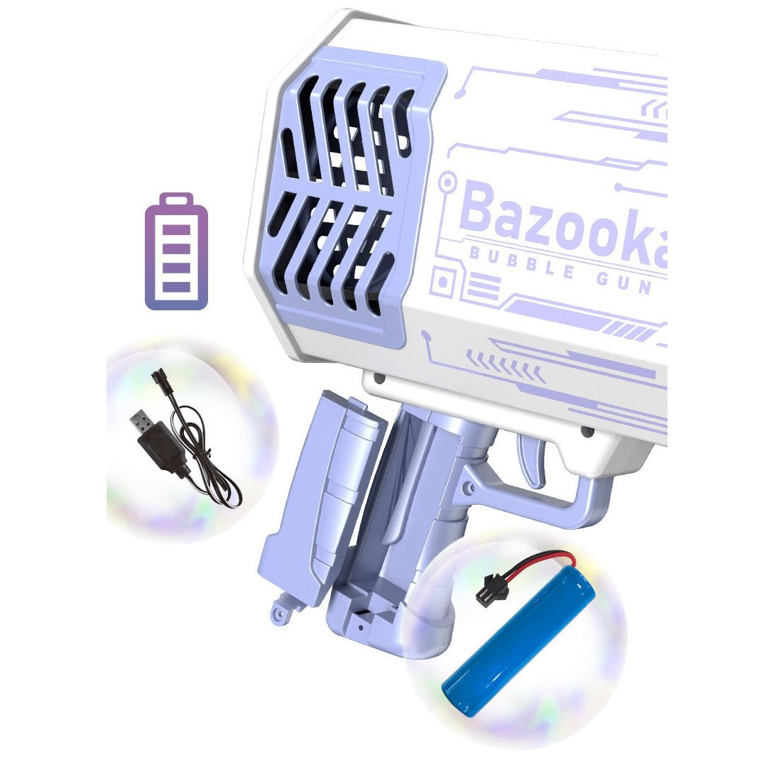 Pistol Pentru Baloane De Săpun, Automat Cu 69 Găuri Și Lumini Colorate, Plastic, Mov, Set Cu Baterie Li, Lichid Și Cablu De Încărcare, 24x14x24 cm