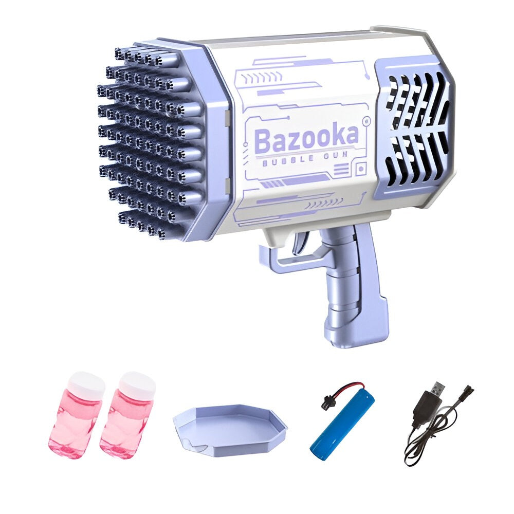 Pistol Pentru Baloane De Săpun, Automat Cu 69 Găuri Și Lumini Colorate, Plastic, Mov, Set Cu Baterie Li, Lichid Și Cablu De Încărcare, 24x14x24 cm
