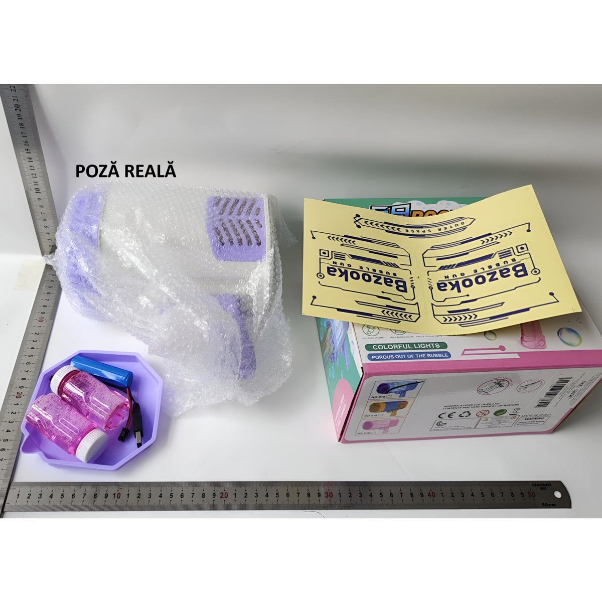 Pistol Pentru Baloane De Săpun, Automat Cu 69 Găuri Și Lumini Colorate, Plastic, Mov, Set Cu Baterie Li, Lichid Și Cablu De Încărcare, 24x14x24 cm
