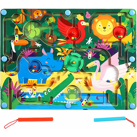Joc Montessori de Sortare Culori, Labirint Magnetic cu Animale Salbatice, Jucarie Educativa de Dexteritate, Lemn Natural, Multicolor, 39x29x1.5 cm